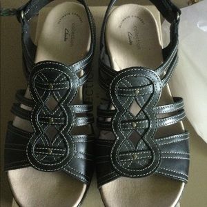 Clarks Ladies Sandals, Black, Leather, 9W